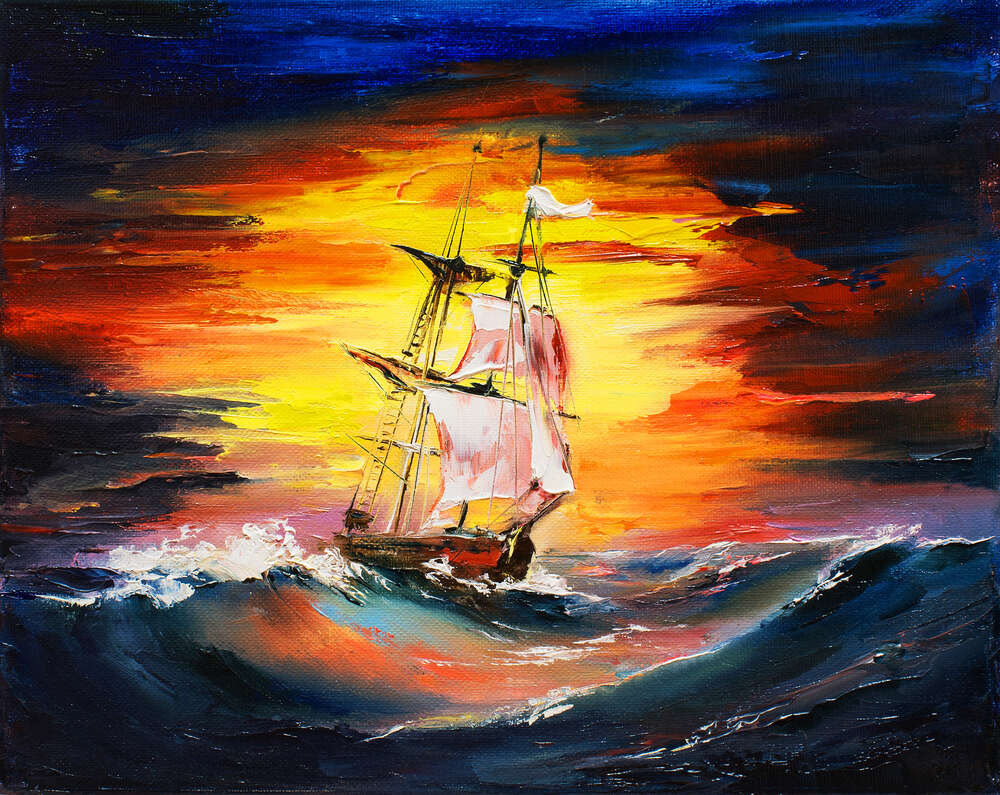 картина-постер Вечерний шторм завладел маленьким кораблем