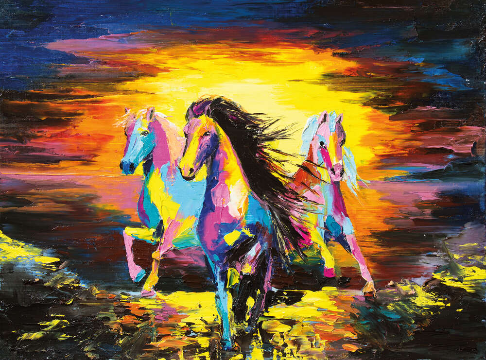 картина-постер Три лошади скачут на фоне горящего вечернего неба