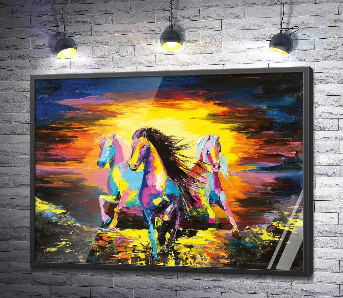 постер Три коня скачуть на фоні палаючого вечірнього неба