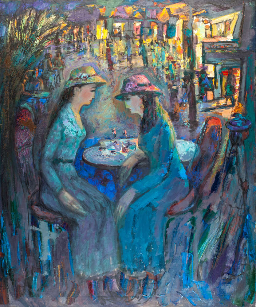 картина-постер Две барышни шепчутся за столиком возле кофейни