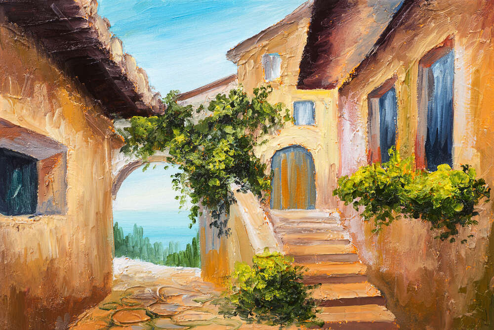 картина-постер Затишний дворик будинку з видом на морське узбережжя
