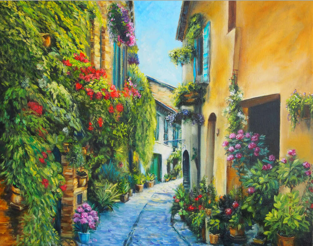 картина-постер Узенькая улица украшена яркими летними цветами