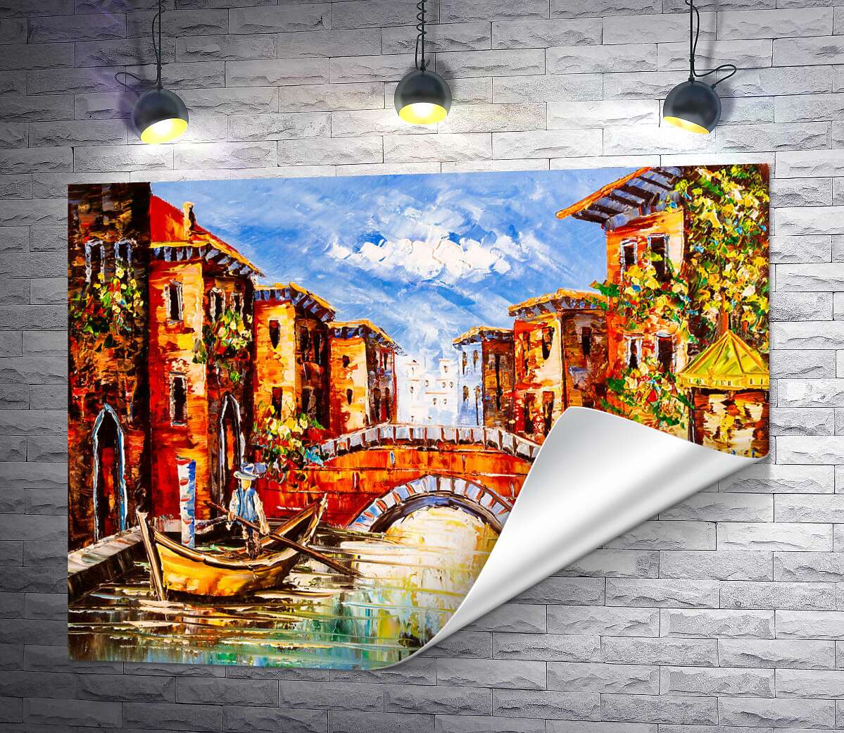 друк Маленький міст через канал об'єднує венеційську вулицю