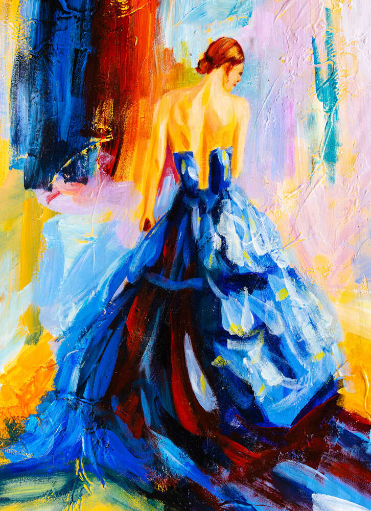 картина-постер Утонченный силуэт девушки в пышном синем платье