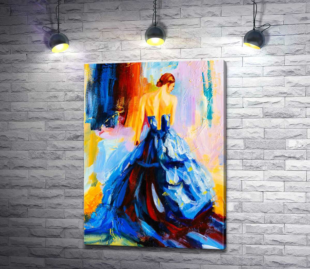 картина Витончений силует дівчини в пишній синій сукні