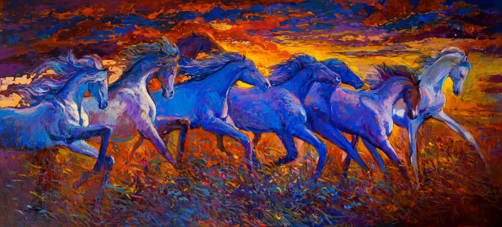 картина-постер Голубые силуэты стада лошадей
