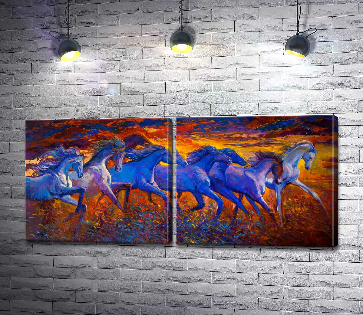 модульная картина Голубые силуэты стада лошадей