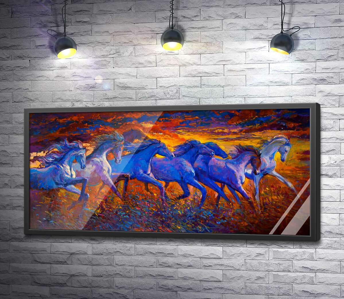 постер Голубые силуэты стада лошадей