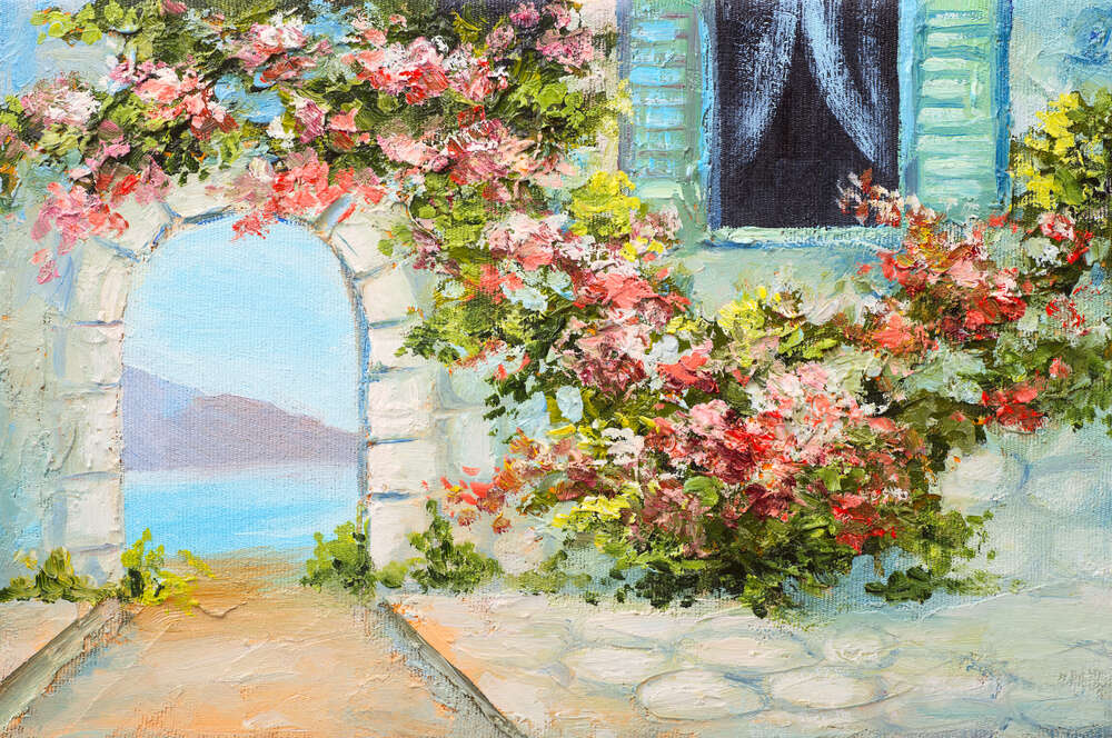 картина-постер Цветущая арка у дома на берегу моря