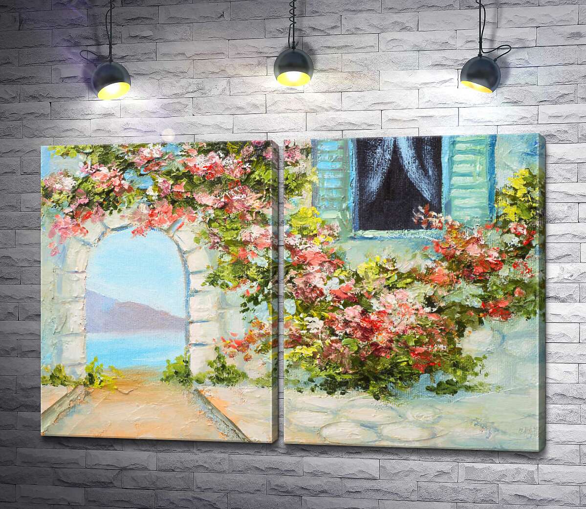 модульна картина Квітуча арка біля будинку на березі моря
