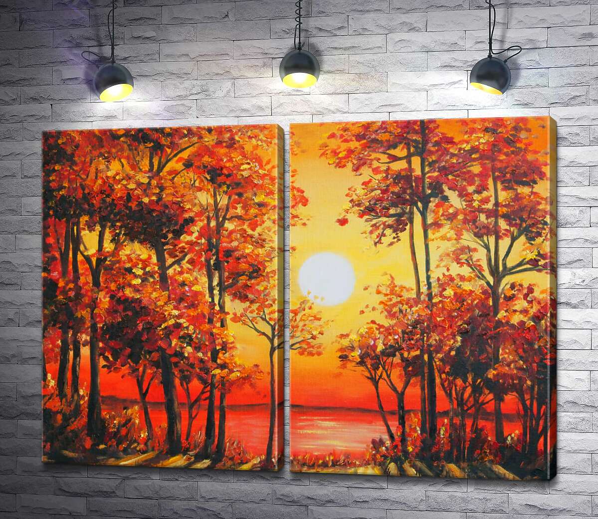 модульна картина Червоний захід сонця підсвічує осінні дерева