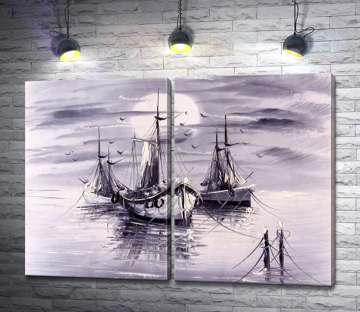 модульная картина Лодки у пристани в пастельно-серых тонах