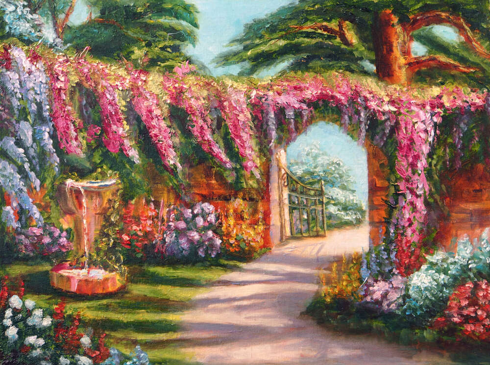 картина-постер Огорожа саду вкрита рожевими гірляндами квітів