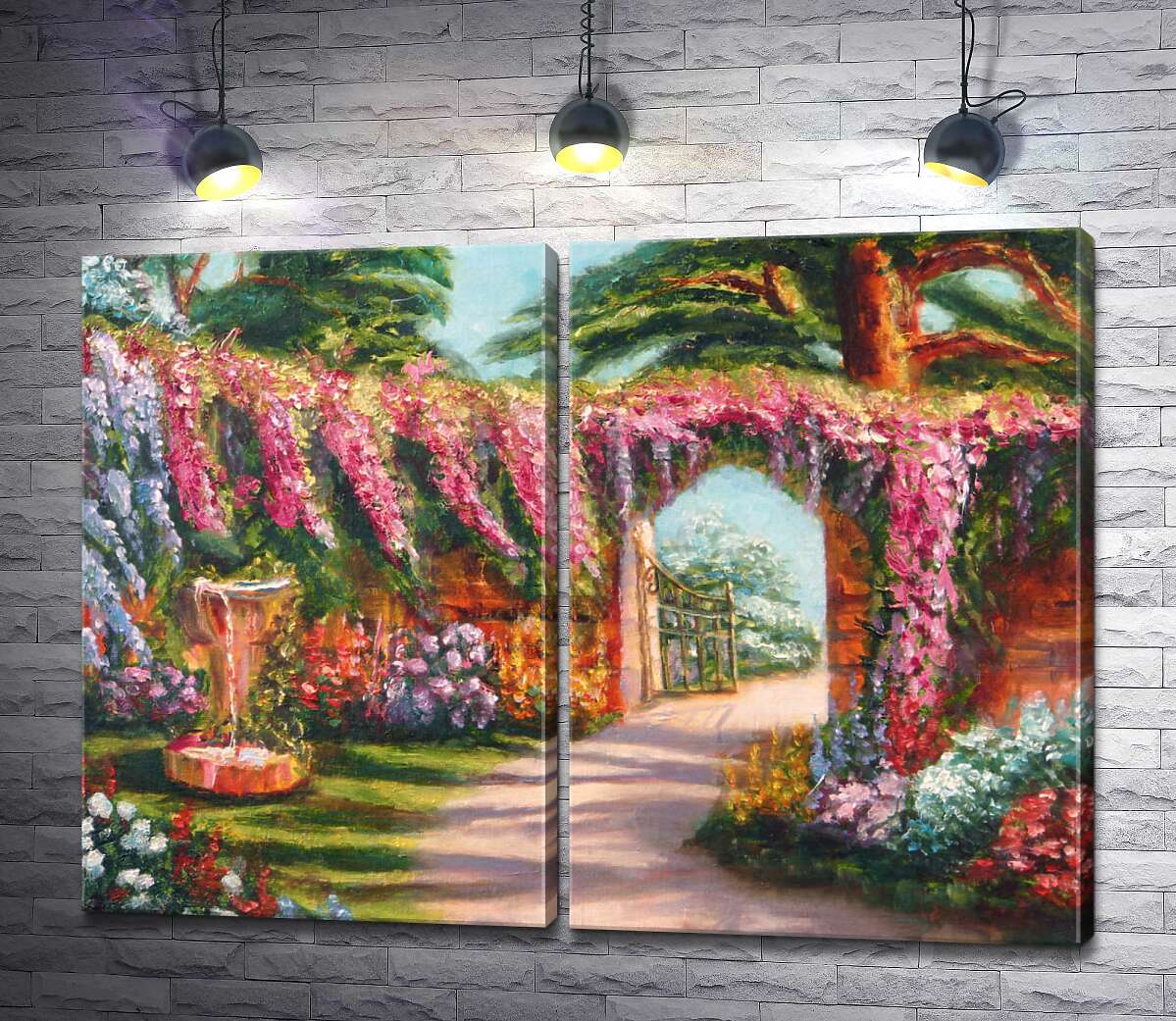 модульна картина Огорожа саду вкрита рожевими гірляндами квітів