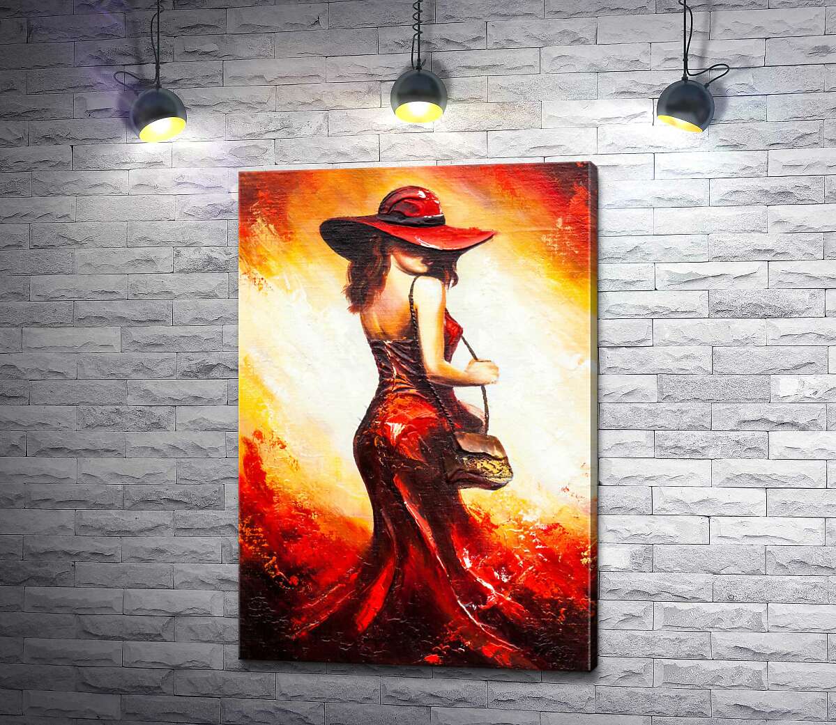 картина Розкішна леді в червоній сукні ховає погляд під капелюхом