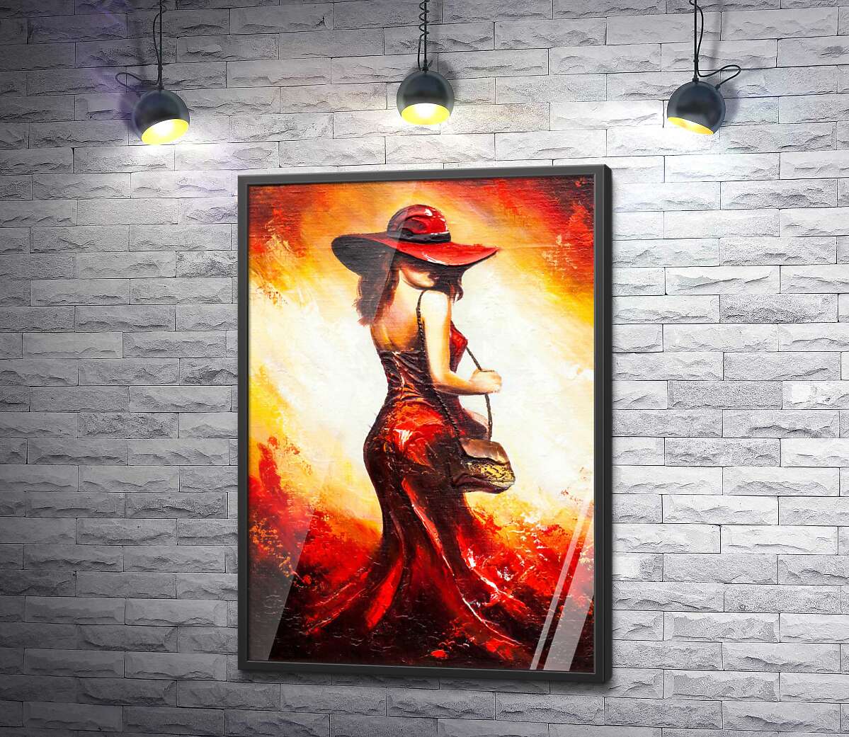 постер Розкішна леді в червоній сукні ховає погляд під капелюхом