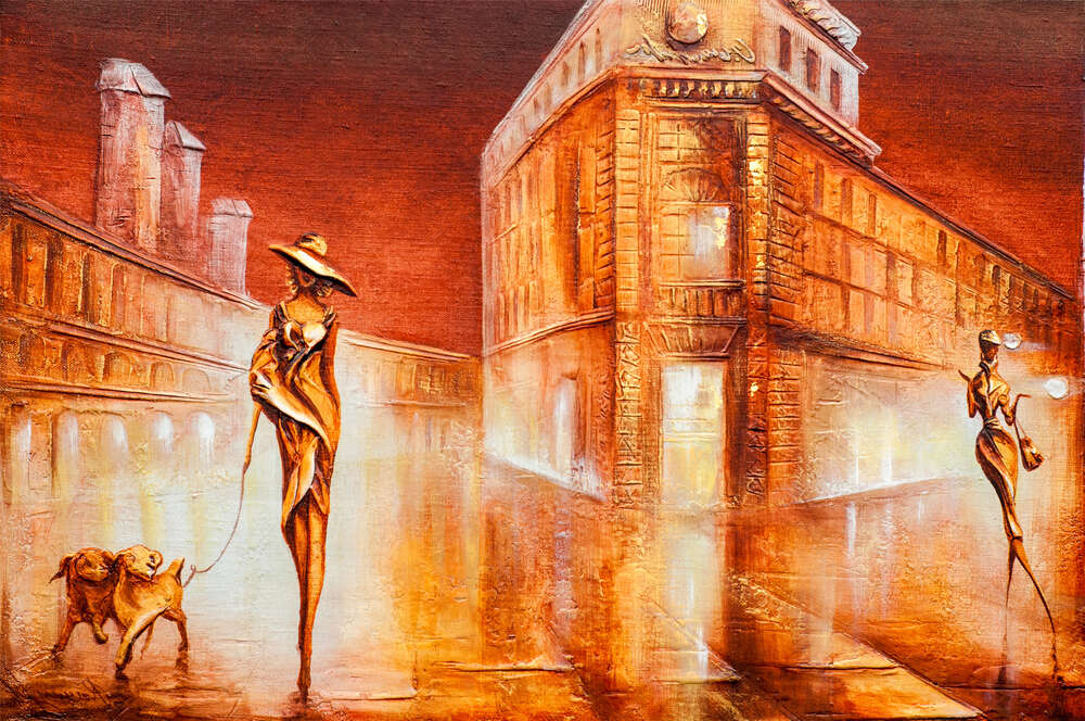 картина-постер Дама с собаками гуляет по старому городу