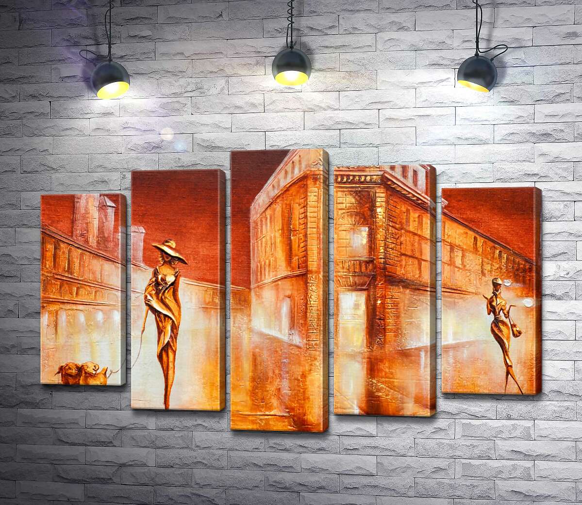 модульная картина Дама с собаками гуляет по старому городу (Модуль №4)