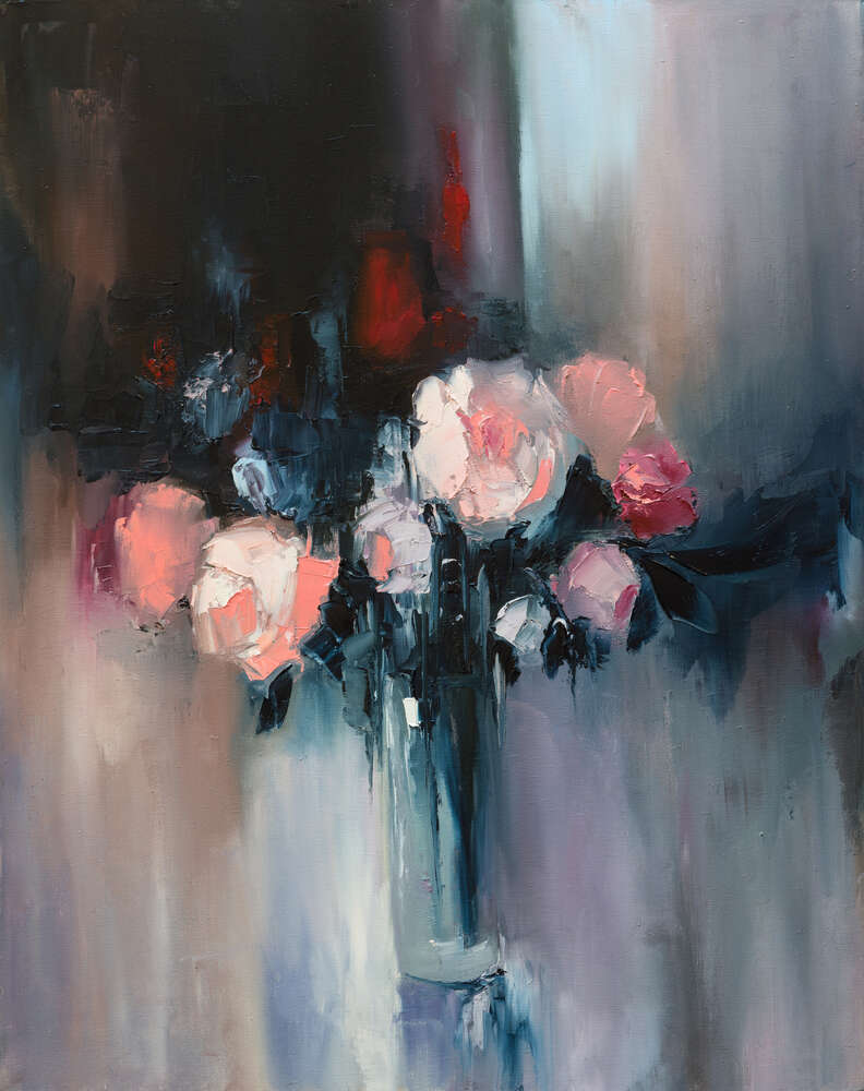 картина-постер Букет рожевих та червоних троянд у тонкій вазі