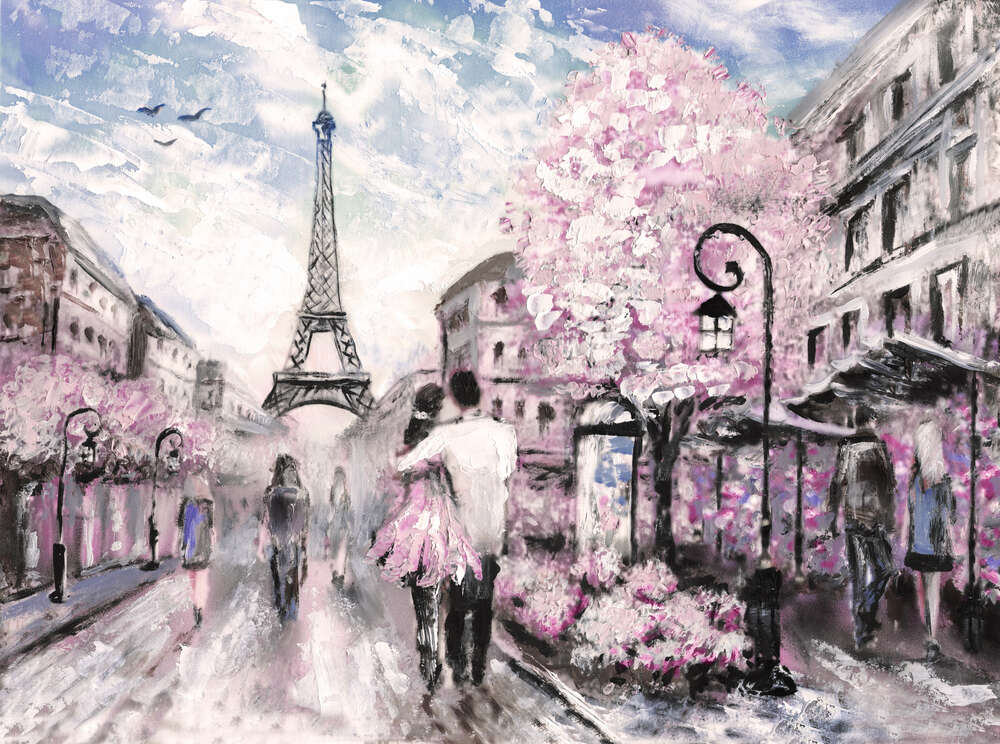 картина-постер Влюбленная пара гуляет по весенней улице Парижа