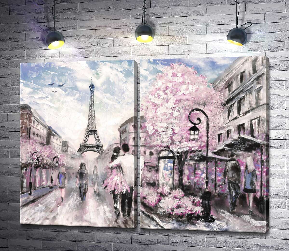 модульная картина Влюбленная пара гуляет по весенней улице Парижа