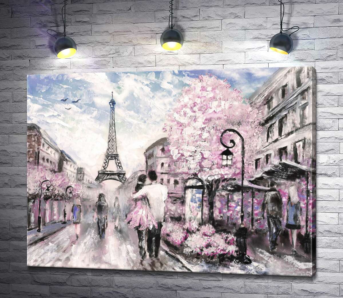 картина Влюбленная пара гуляет по весенней улице Парижа