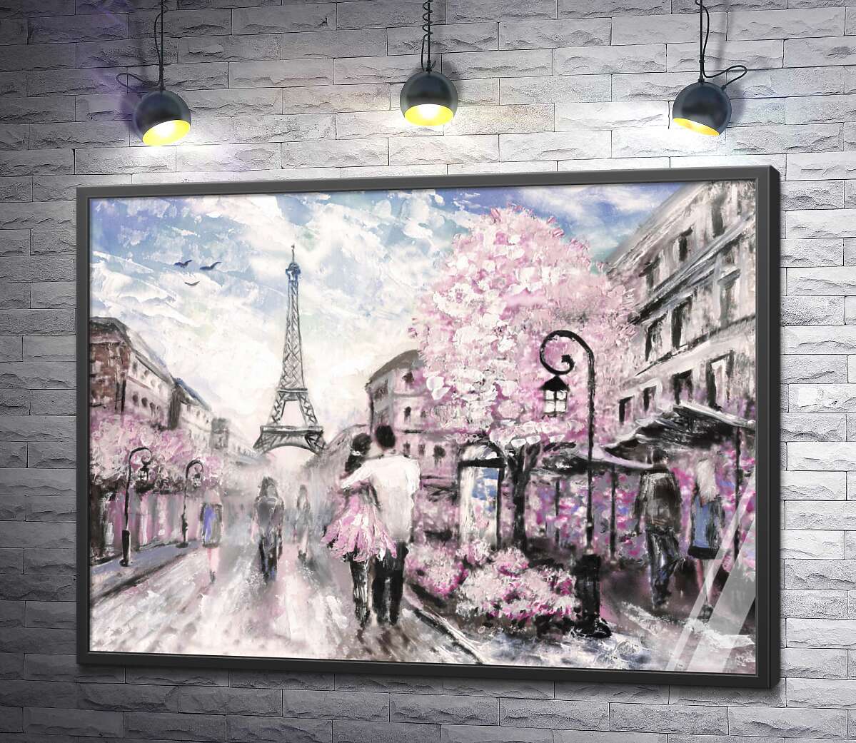 постер Влюбленная пара гуляет по весенней улице Парижа