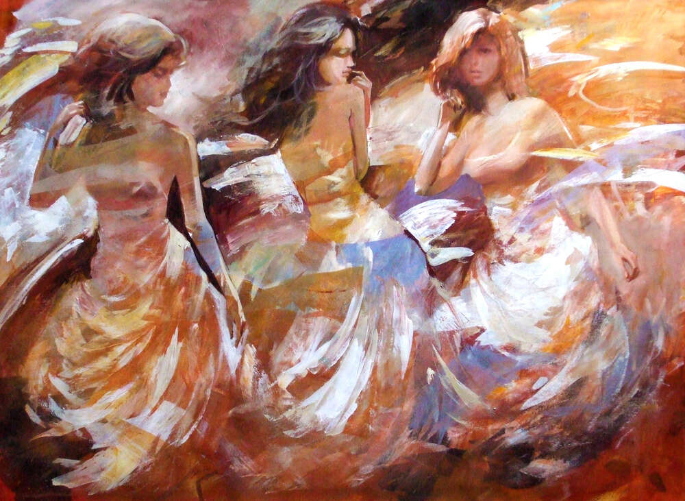 картина-постер Пастельные силуэты трех девушек в пышных платьях