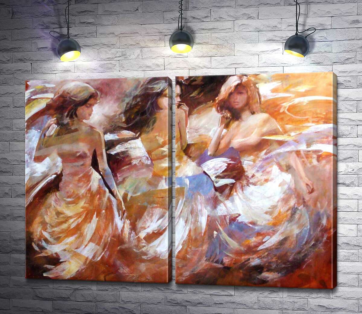 модульная картина Пастельные силуэты трех девушек в пышных платьях