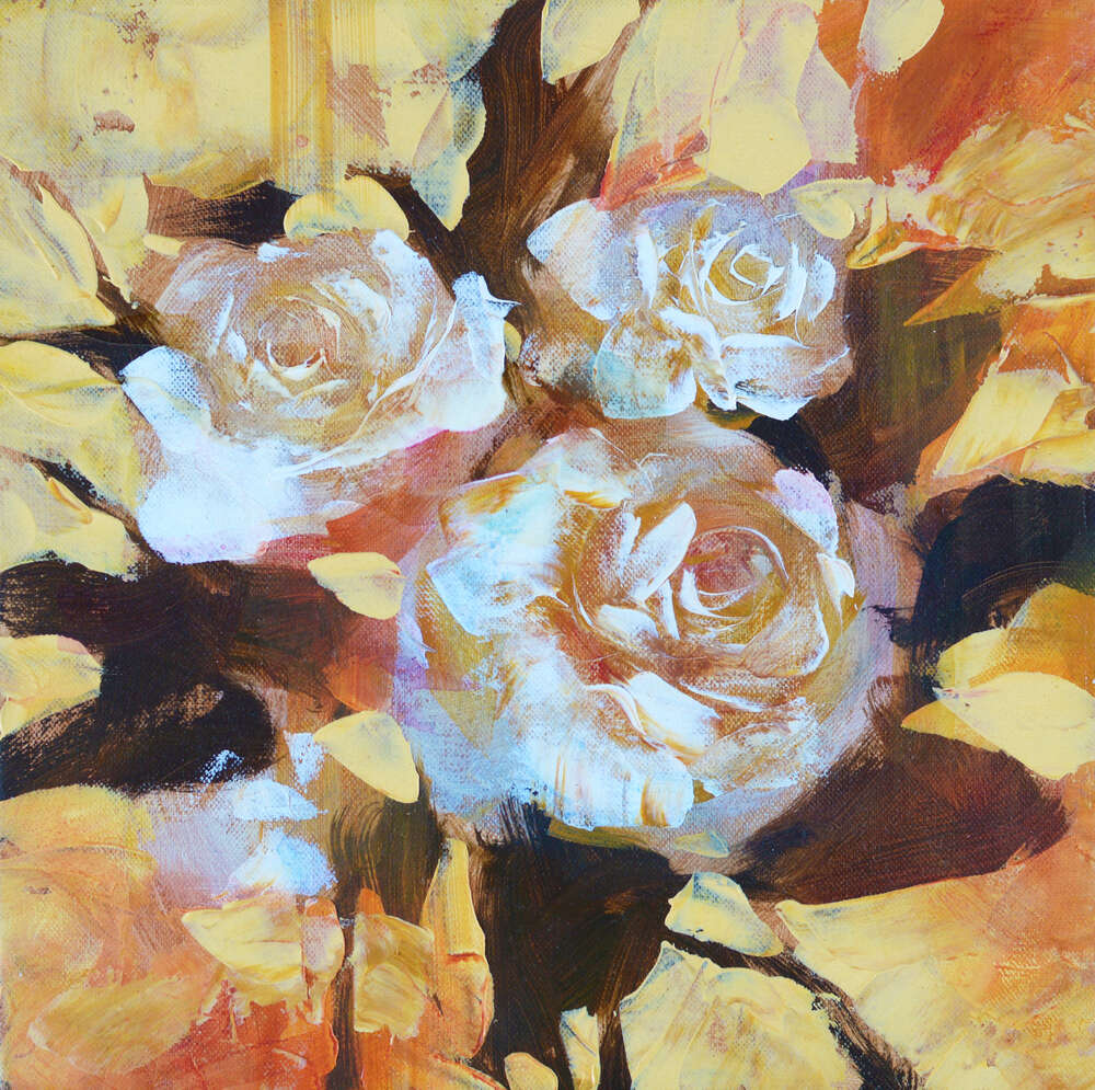 картина-постер Три белые розы на желтом фоне
