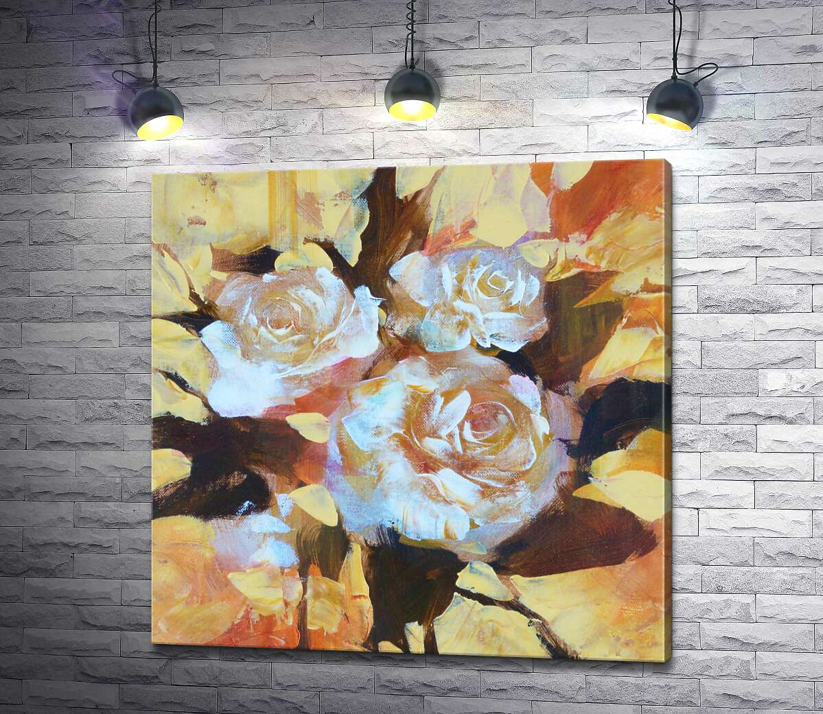 картина Три білих троянди на жовтому фоні