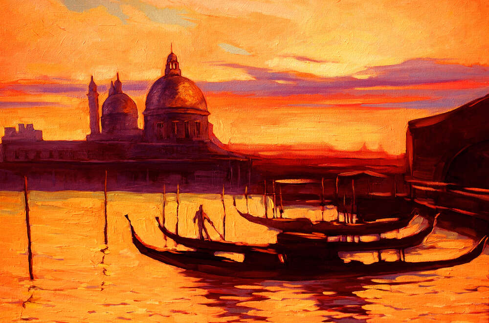 картина-постер Силуэты собора и гондол в вечерней Венеции