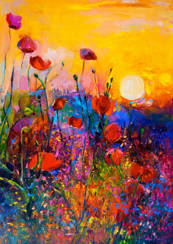 картина-постер Вечернее солнце освещает цветущее поле