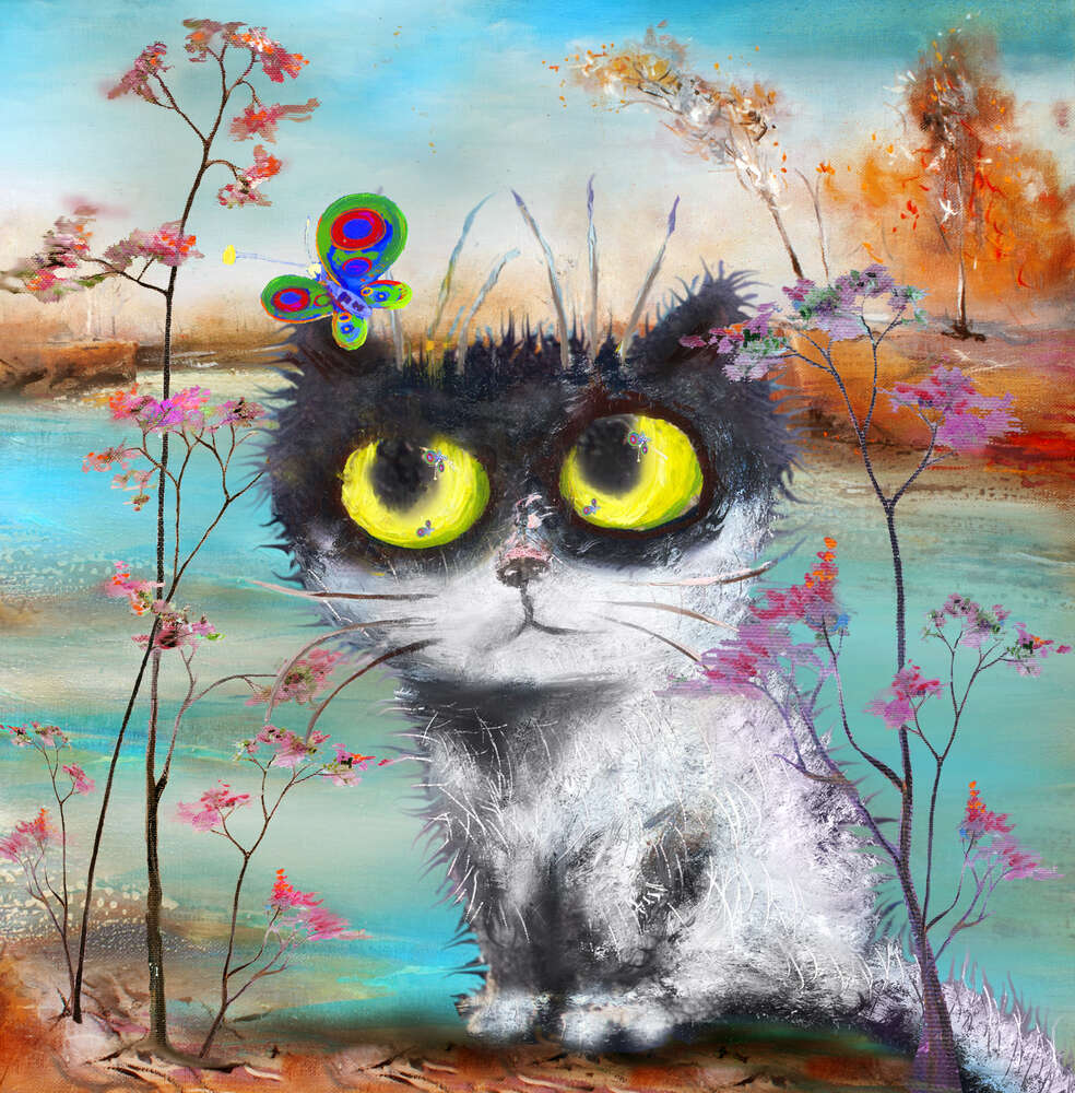 картина-постер Кольоровий метелик сидить на вусі пухнастого кота
