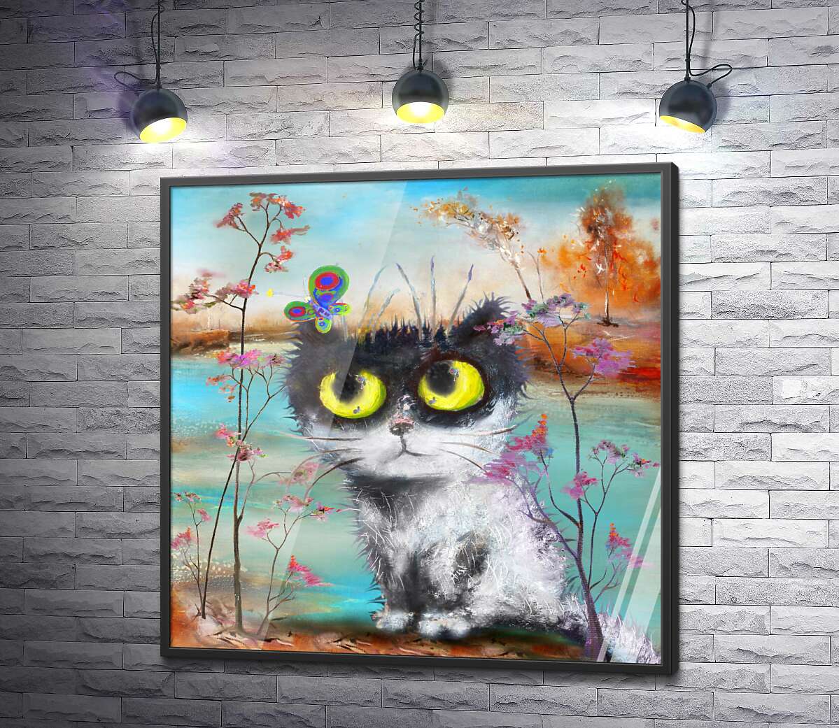 постер Кольоровий метелик сидить на вусі пухнастого кота