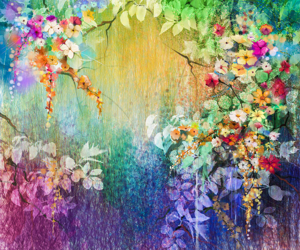 картина-постер Цветущие кусты на радужном фоне