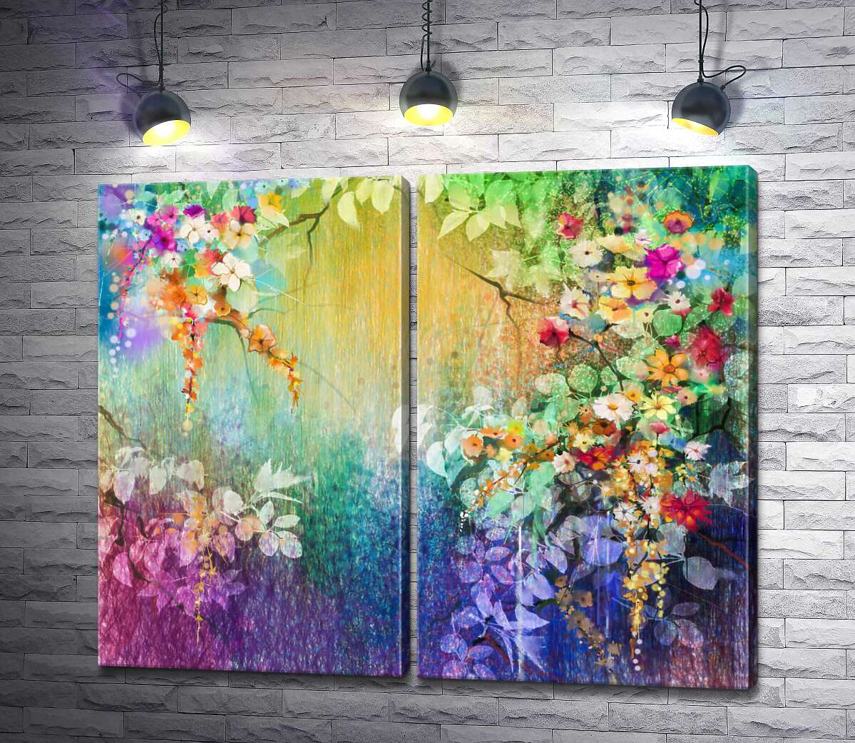 модульная картина Цветущие кусты на радужном фоне
