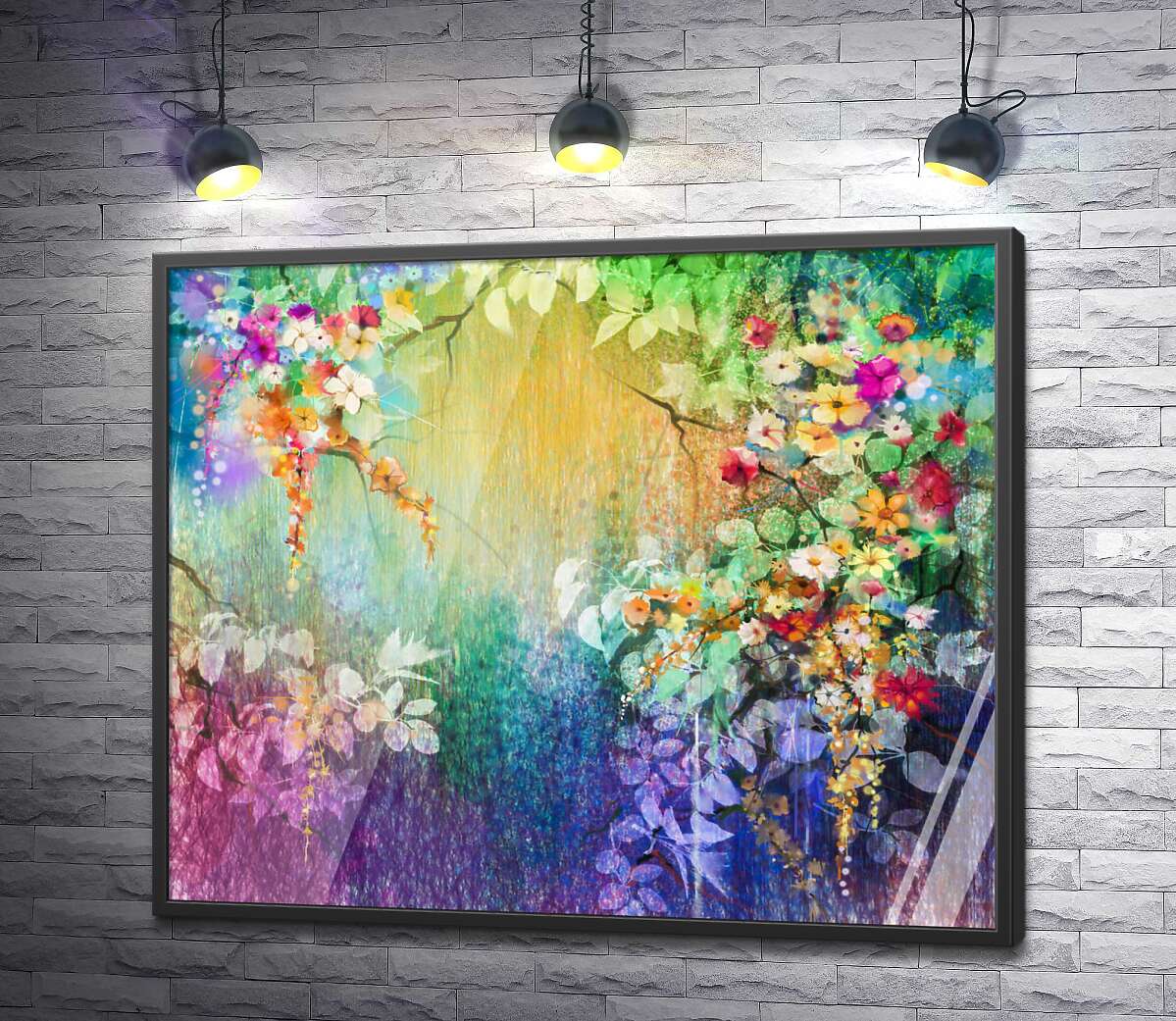 постер Цветущие кусты на радужном фоне