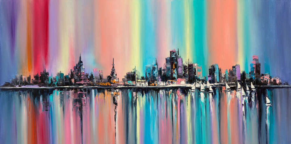 картина-постер Цветное небо над домами мегаполиса отражается в воде