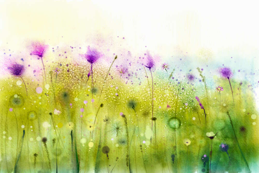 картина-постер Фиолетовые цветы виднеются над зеленью поля