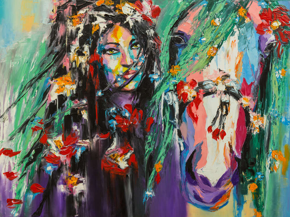 картина-постер Мавка и лошадь украшены цветами