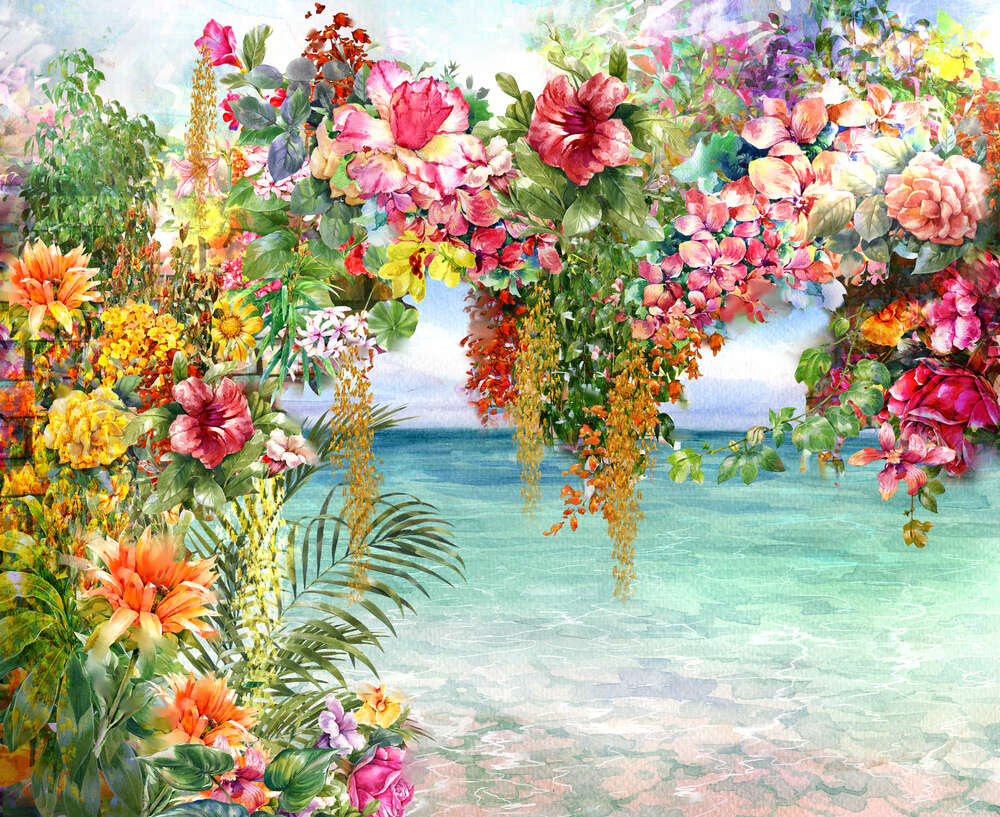 картина-постер Густі кущі квітів звисають над водою