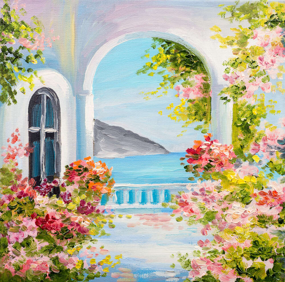 картина-постер Квітуча тераса з видом на море