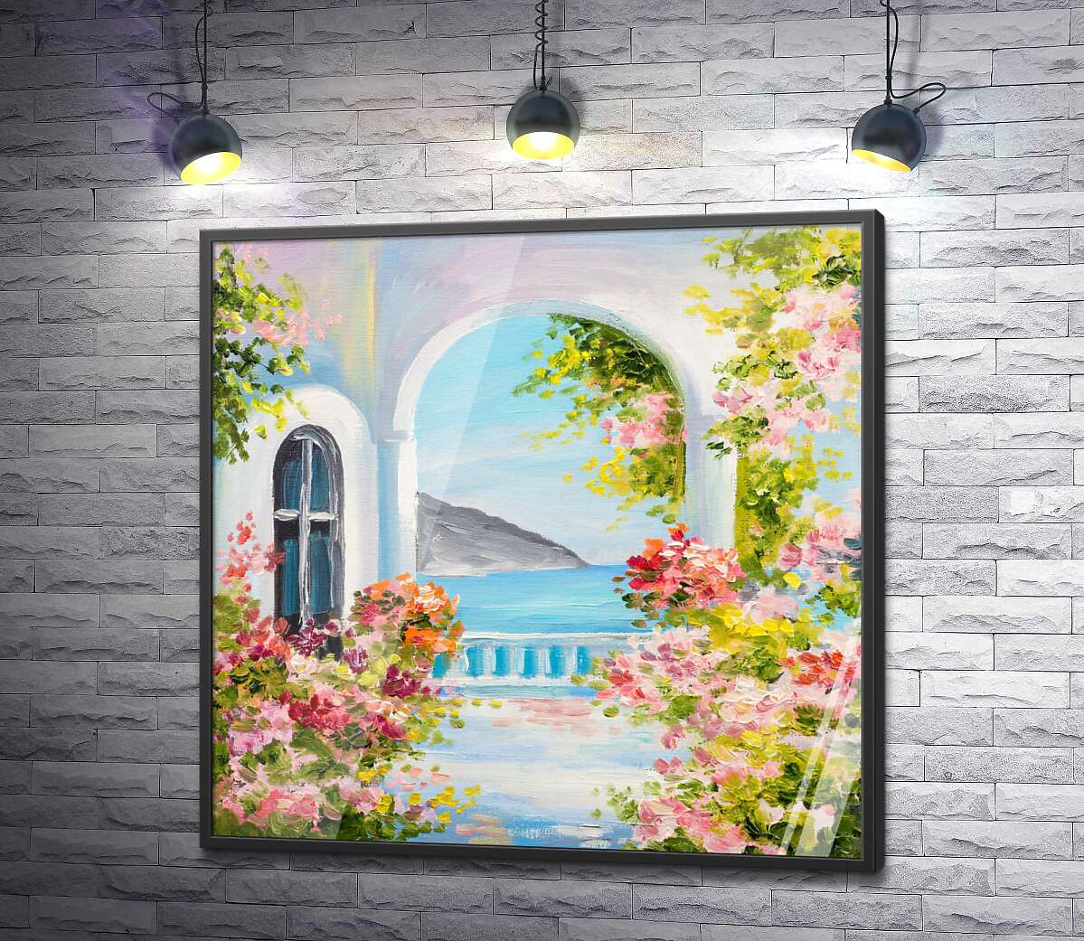 постер Цветущая терраса с видом на море