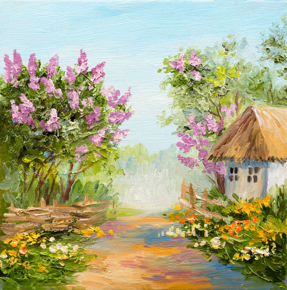 картина-постер Кусты сирени цветут возле деревенской хаты
