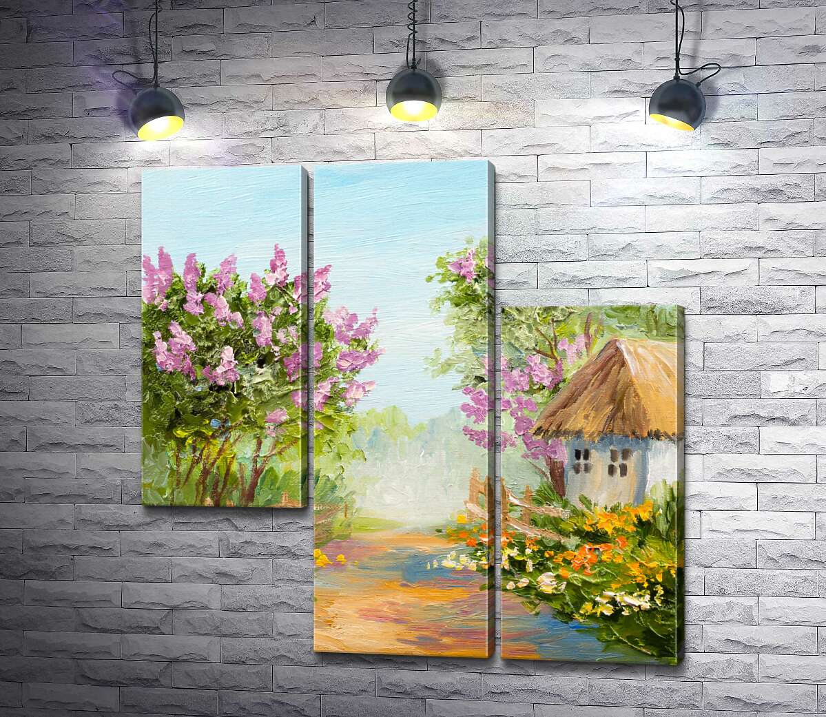 модульна картина Кущі бузку цвітуть біля сільської хатини (Модуль №13)