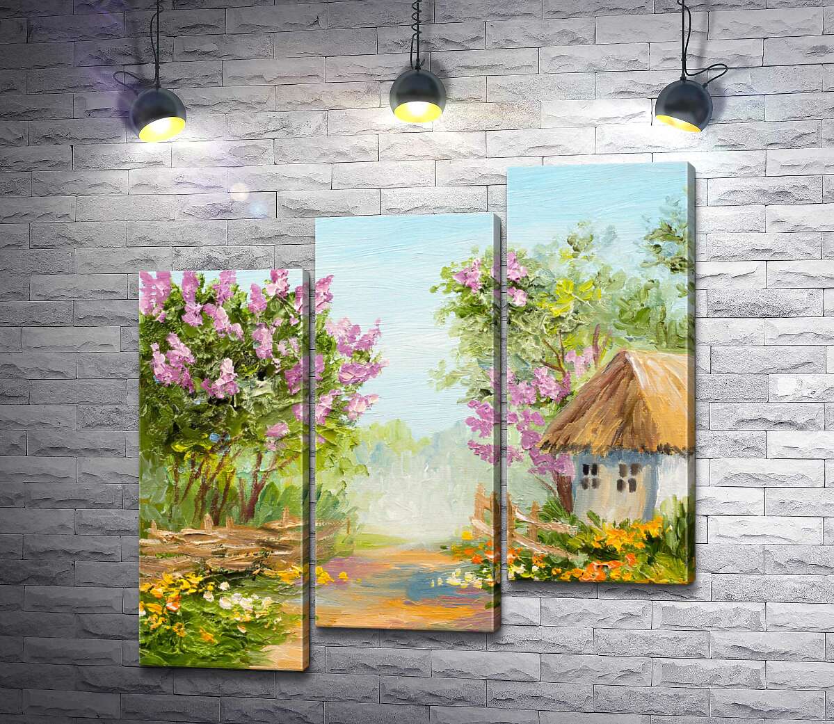 модульна картина Кущі бузку цвітуть біля сільської хатини (Модуль №14)