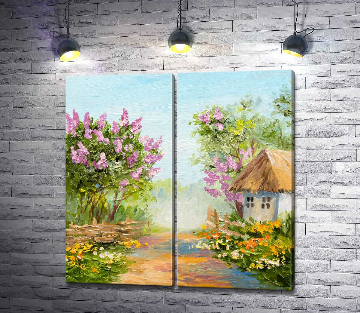 модульна картина Кущі бузку цвітуть біля сільської хатини