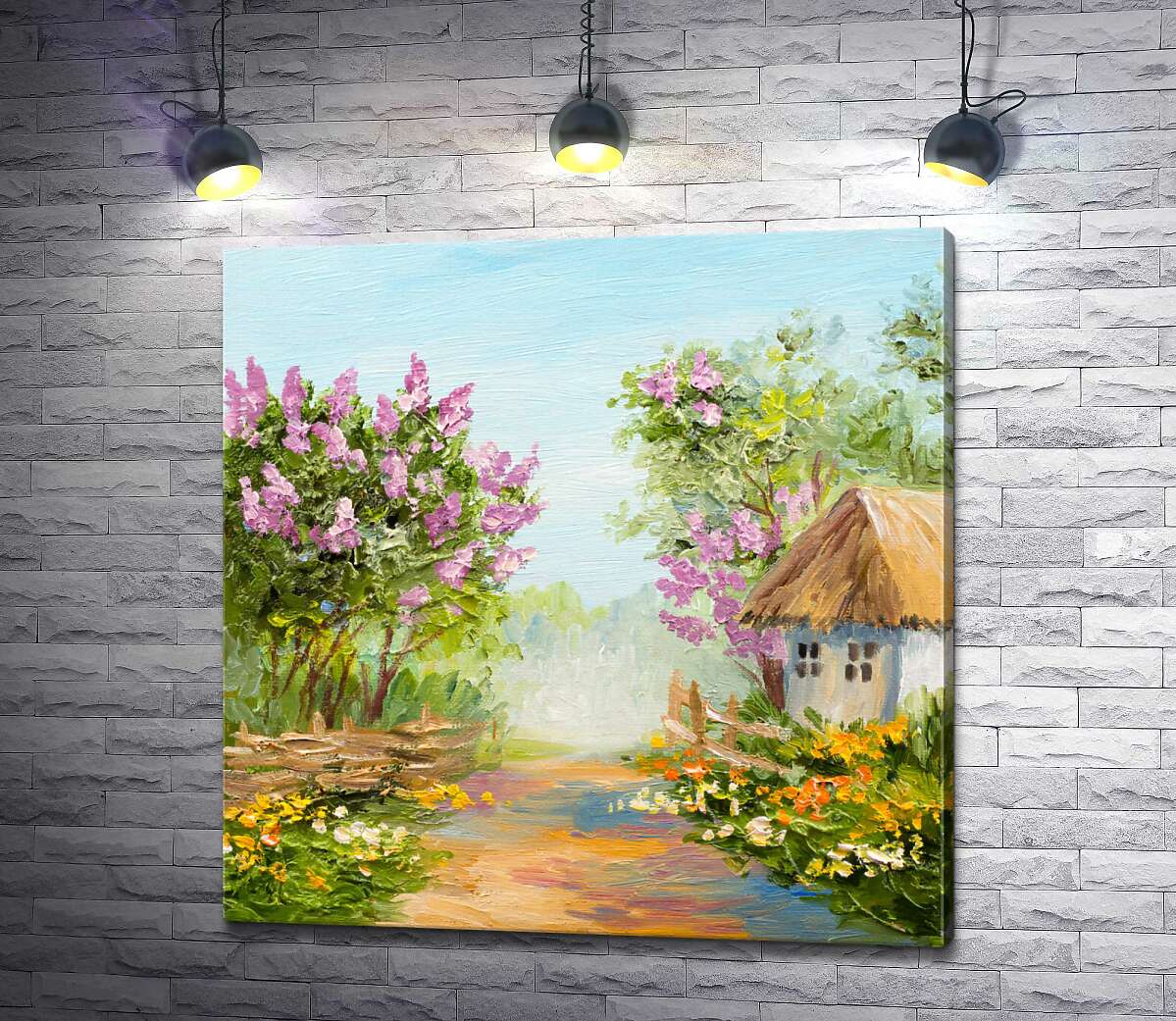 картина Кущі бузку цвітуть біля сільської хатини