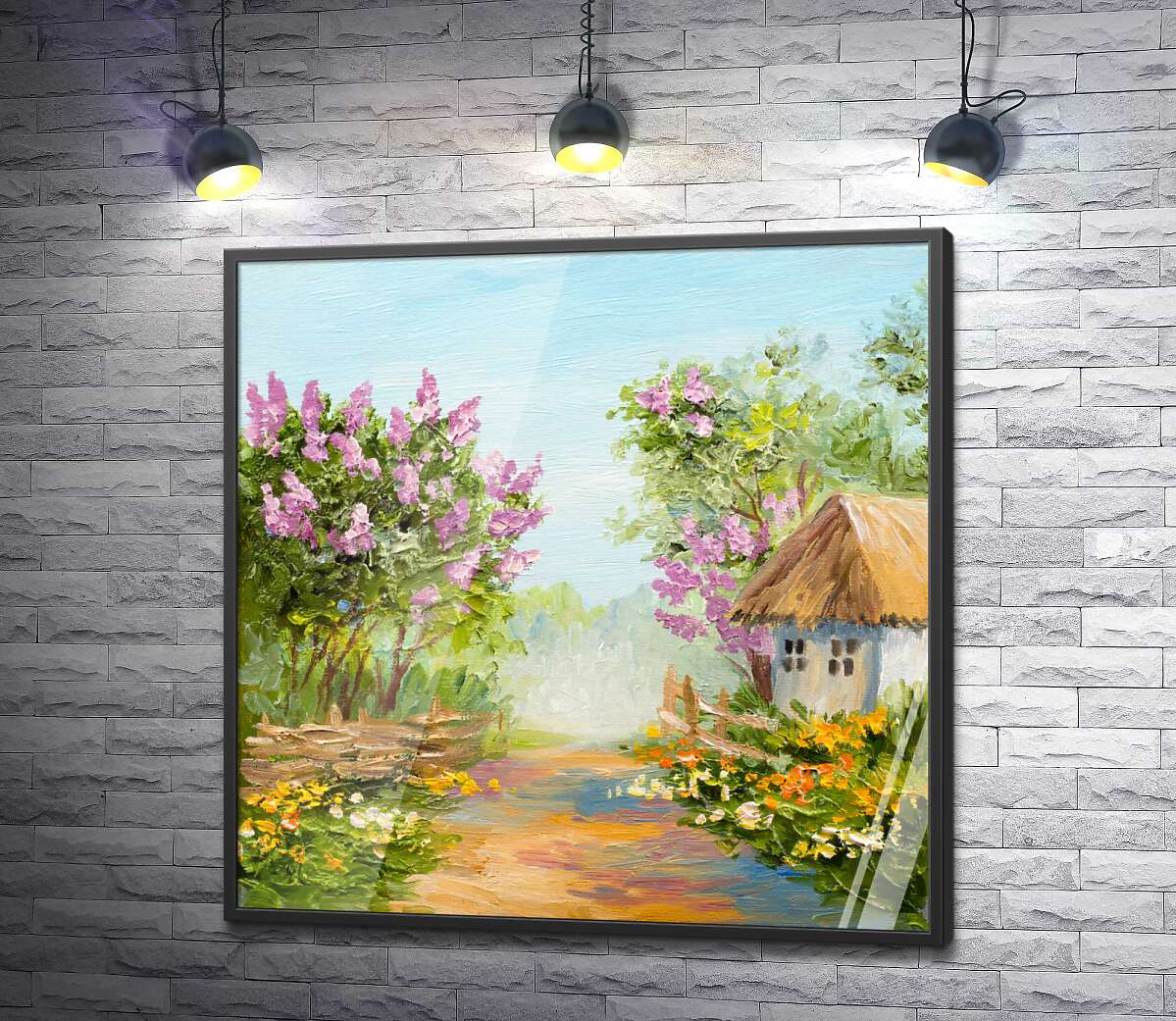постер Кусты сирени цветут возле деревенской хаты